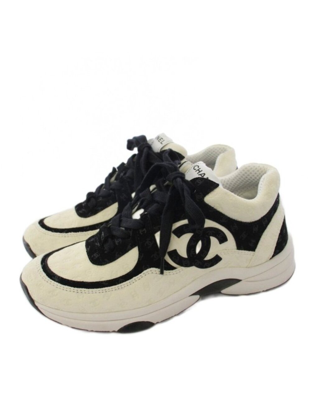 Chanel CC Logo Sneakers Suede White Black